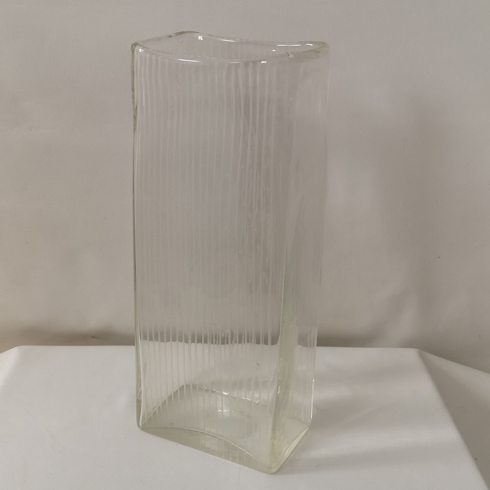Large Unique Clear Art Glass Square Vase with Etched Stripes on Two Wide Sides